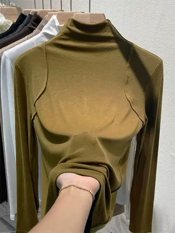 欧货半高领打底衫女秋冬内搭2022新款洋气设计感修身上衣长袖t恤商品大图