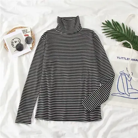 高领条纹t恤女长袖宽松秋冬季韩版上衣港风百搭加绒打底衫女内搭图片