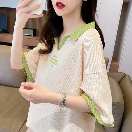 设计感小众撞色短袖t恤女夏季韩版宽松百搭翻领polo衫假两件上衣图片