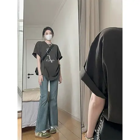 纯棉设计感美式复古短袖t恤女夏季新款小众宽松港风chic半袖上衣商品大图