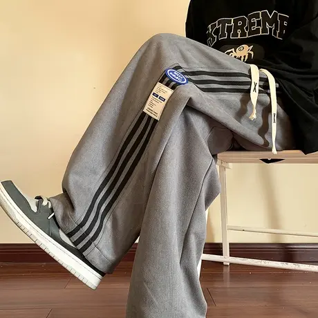 直筒裤子女秋冬季加绒加厚宽松日系慵懒风高腰垂感阔脚运动休闲裤商品大图