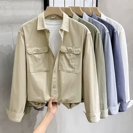 2023新款小工装长袖衬衫男士纯棉休闲宽松百搭春秋韩版衬衣男外套商品大图