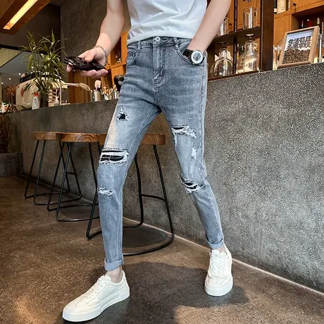 2023春夏新款做旧浅灰色破洞牛仔裤男潮乞丐补丁小脚裤青年铅笔裤商品大图