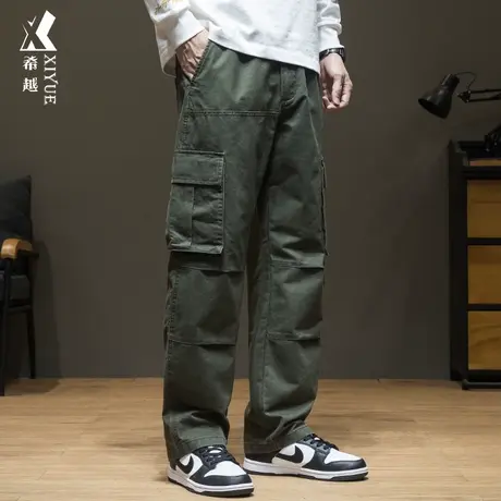 希越直筒阔腿休闲裤男秋季多口袋拼接工装裤宽松大码胖子纯棉长裤商品大图