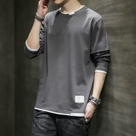 秋季假两件圆领长袖T恤男士上衣服纯棉秋冬款春秋款内搭潮牌男装商品大图