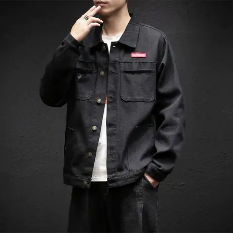 秋季牛仔外套男宽松韩版潮流黑色夹克男士休闲大码工装潮牌上衣服商品大图