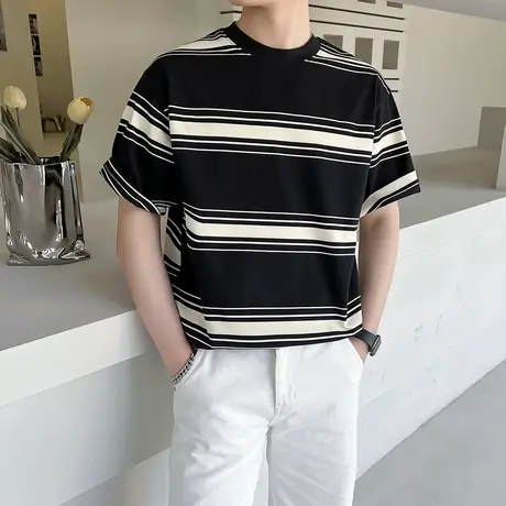 ins夏季条纹拼色短袖T恤男休闲宽松圆领冰丝凉感落肩袖上衣半袖潮商品大图