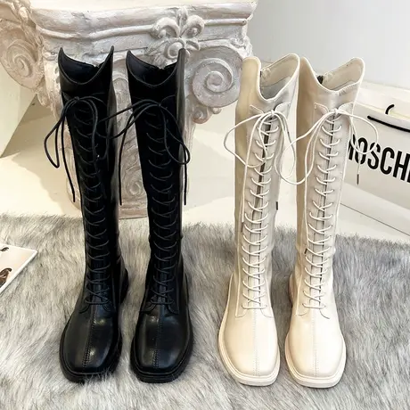 奶茶色靴子女长筒靴不过膝平底圆头小个子瘦瘦高筒靴前系带骑士靴商品大图