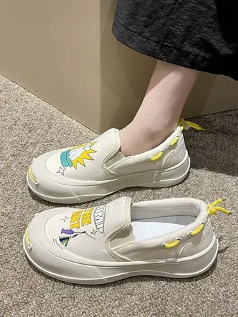 2023夏季新款百搭开口笑帆布鞋女透气一脚蹬厚底防滑乐福鞋懒人鞋商品大图