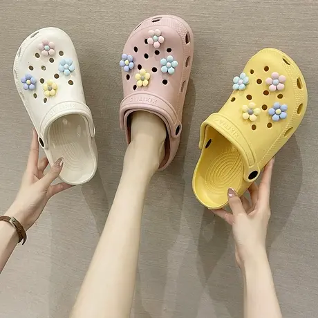 2023新款花朵洞洞鞋女ins潮外穿包头防滑护士时尚凉拖鞋夏沙滩鞋图片