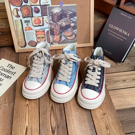 2023夏季新款厚底透气板鞋港版高帮帆布鞋女复古做旧牛仔布帆布鞋图片