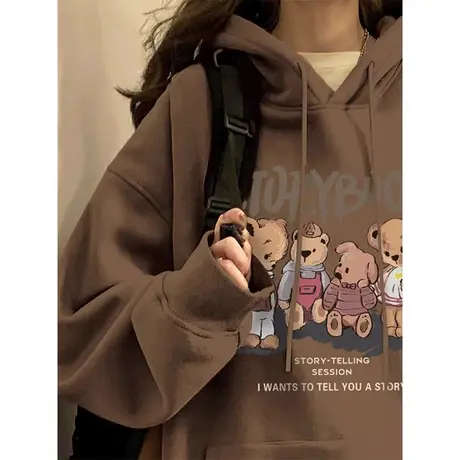 连帽卫衣女宽松加绒加厚美拉德大码胖mm春秋新款慵懒风上衣200斤商品大图