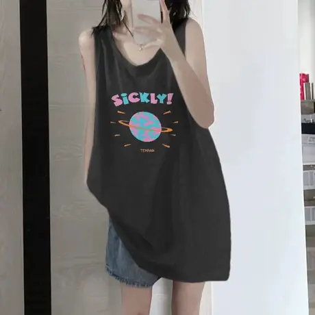 纯棉吊带运动坎肩背心无袖t恤女夏季设计感小众外穿宽松挂脖上衣图片
