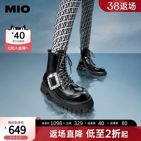 MIO米奥秋冬靴子松糕底短靴圆头黑色短筒靴系带方扣马丁靴女图片