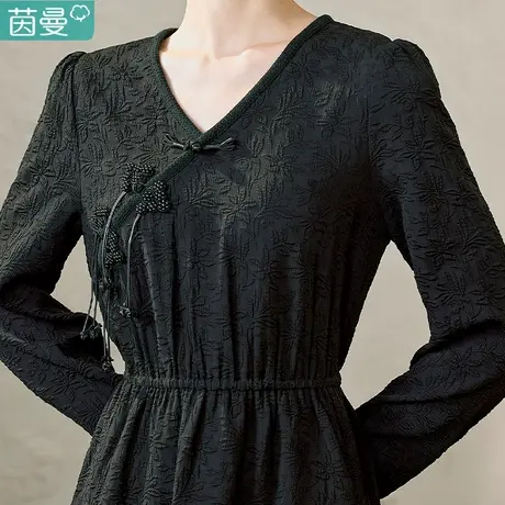 茵曼旗舰店复古提花肌理连衣裙女2023春季新款宽松新中式斜襟盘扣商品大图