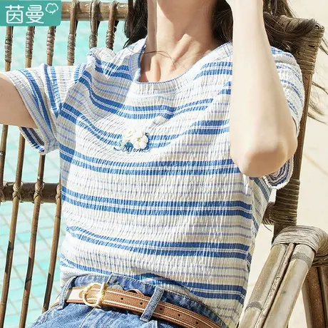 茵曼品牌体桖2023新款条纹短袖T恤女夏季上衣小众原创正肩小衫商品大图