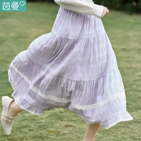 茵曼旗舰店2023春女装新款甜美松紧腰褶皱叠层荷叶边A字半身裙图片
