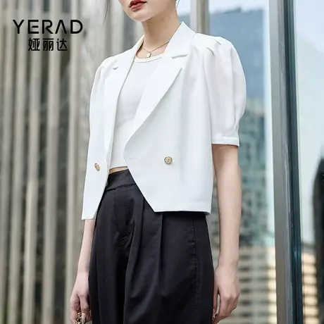 娅丽达白色短袖小西装外套女2023年夏季薄款上衣小个子短款小西服商品大图