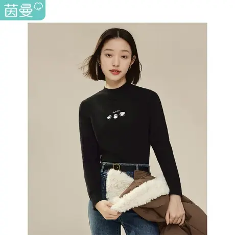 茵曼半高领套头毛衣2023冬季女装新款刺绣长袖修身显瘦打底衫上衣商品大图