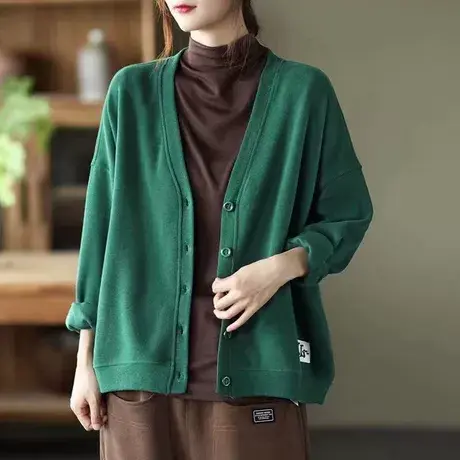 文艺时尚百搭短外套秋装新品V领单排扣纯色大码休闲长袖棒球服潮商品大图