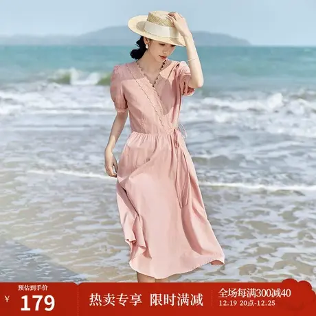 茵曼法式文艺连衣裙2023夏女装新款V领镂空泡泡袖系带收腰裙子商品大图