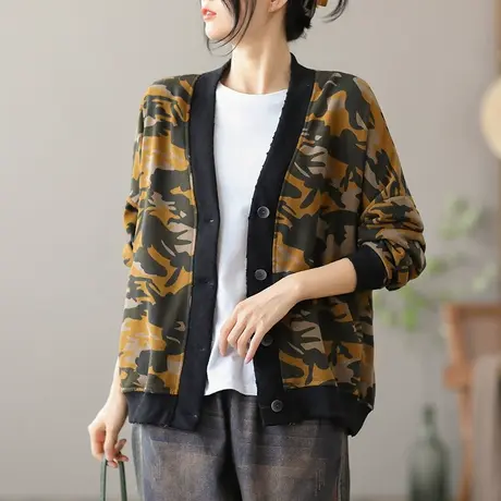 dza 复古V领休闲女士短外套2023新款春秋宽松开衫大码短款上衣女图片