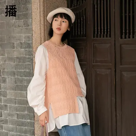播2023秋季新款圆领长袖套头针梭镂空两件套连衣裙女BDP1LD0631图片