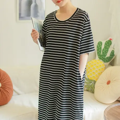 胖妹妹夏季2023新品针织条纹短袖连衣裙大码微胖复古圆领棉质长裙商品大图