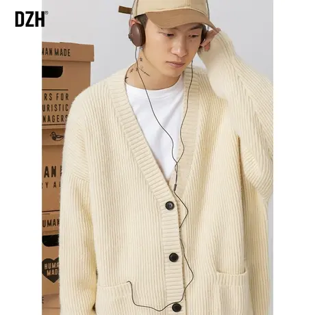 男士奶白色v领针织衫开衫毛衣男宽松慵懒风潮牌男装2023新款外套商品大图