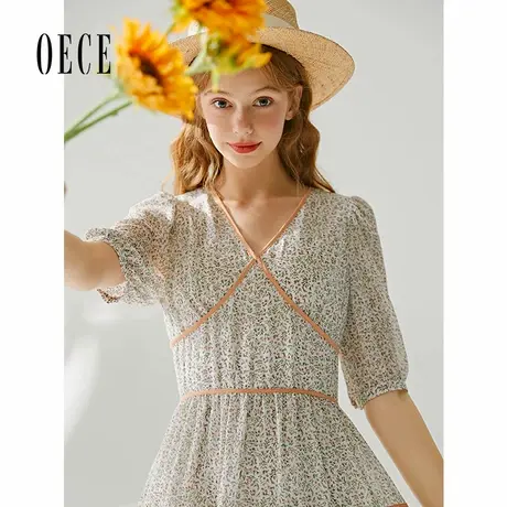 oece夏装新款女装温柔显白小碎花法式V领泡泡袖雪纺连衣裙图片