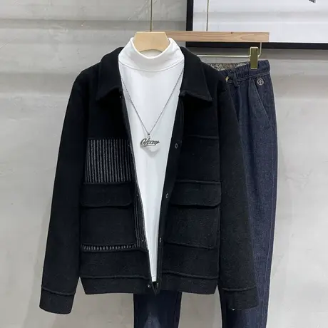 毛呢外套男短款翻领休闲宽松夹克秋冬新款加厚条纹拼接妮子上衣潮图片