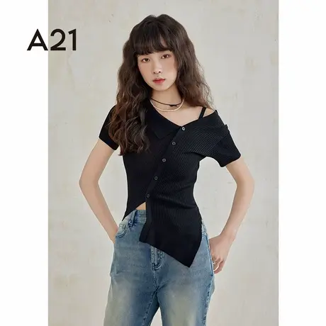 A21女装显瘦翻领开胸毛织短袖T恤夏季破洞美式上衣图片
