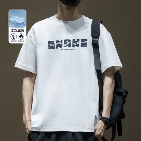 冰丝棉凉感美式印花短袖T恤男2025夏季新款宽松大码圆领半袖体恤商品大图