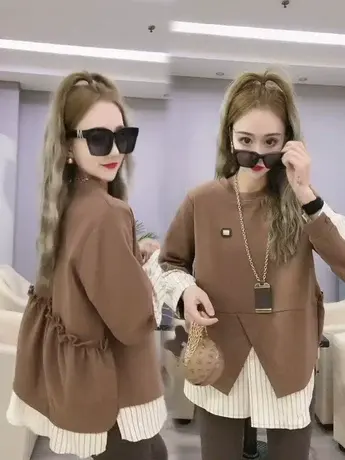 圆领拼接假两件卫衣女2023年春秋新款宽松百搭减龄女士上衣T恤潮商品大图