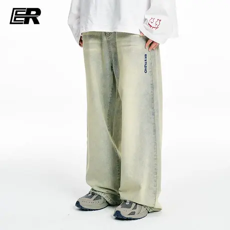 ！ER美式高街复古牛仔裤男春秋款宽腿裤子撞色字母刺绣直筒长裤图片