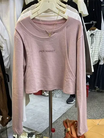 2023年秋季新款韩版百搭不规则拼接长袖纯色卫衣套头上衣女打底衫商品大图