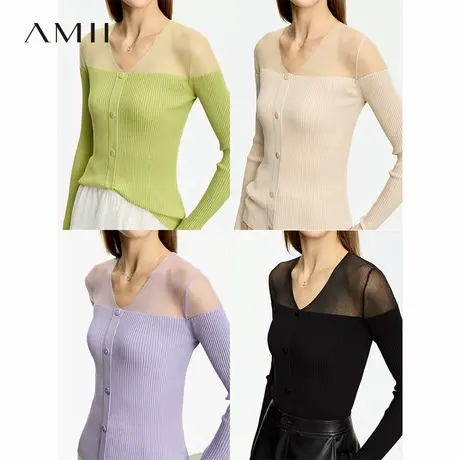 Amii2025秋新款冰爽丝拼欧根纱透视V领毛衣女纽扣假门襟修身上衣图片