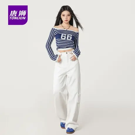 唐狮白色阔腿牛仔裤女秋新款小个子百搭高腰宽松直筒拖地工装裤AX图片