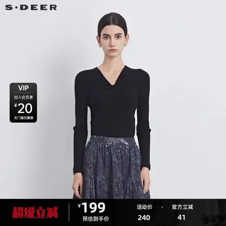 sdeer圣迪奥女装V领交叉拼接修身针织衫S233Z3570图片
