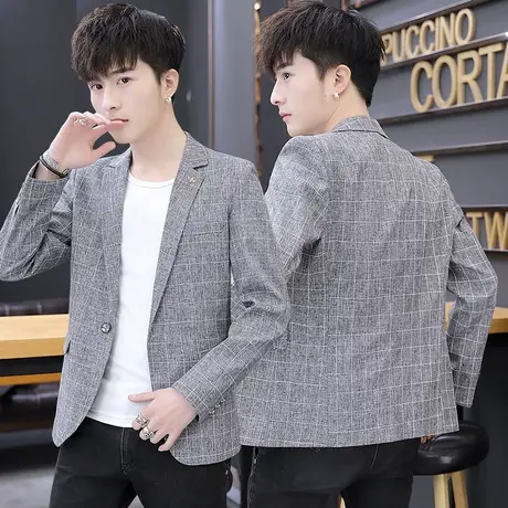休闲西装男士外套格子套装春秋薄款韩版修身单西帅气小西服上衣潮商品大图
