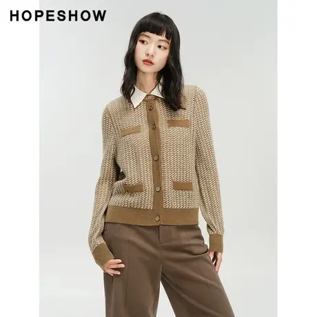 红袖outlets撞色拼接翻领针织衫hopeshow2023冬款宽松单排扣开衫图片