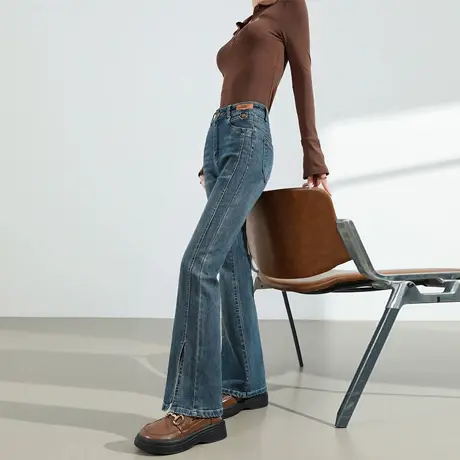 开叉微喇牛仔裤女2025春秋新款高腰弹力修身显瘦蓝色复古喇叭裤子商品大图