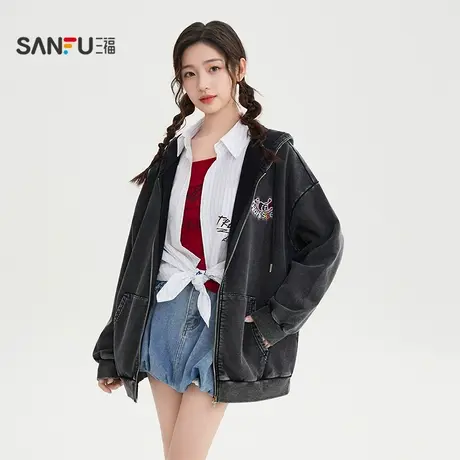 三福卫衣2025秋季怪兽刺绣口袋宽松连帽开衫上衣女装507628商品大图