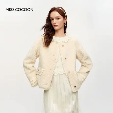 MISSCOCOON可可尼白色环保皮草女2025冬季新款小香风仿羊羔毛外套图片