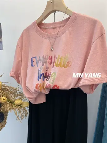 韩国chic 彩色字母雪花棉短袖T恤 休闲圆领薄款百搭上衣tee女夏季商品大图