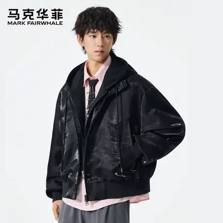 马克华菲假两件外套男士春秋潮流夹克PU皮衣痞帅休闲潮牌连帽上衣图片