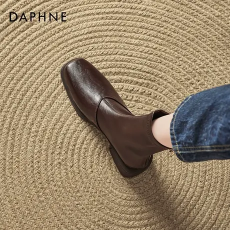 达芙妮方头棕色短靴女2025新款冬季切尔西靴瘦瘦靴子英伦风马丁靴图片