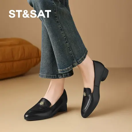 星期六2026春新款中口单鞋圆头粗跟小皮鞋山茶花通勤皮鞋女鞋真皮图片