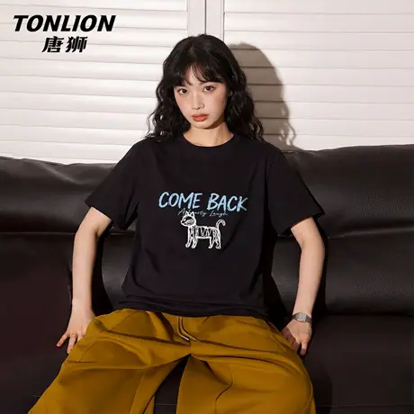 唐狮官方印花短袖t恤女2026新款夏季纯棉半袖打底大码黑色上衣VC商品大图