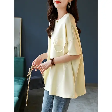 宝诗黎圆领蝙蝠袖纯色宽松T恤2023夏新款中长大码棉质休闲上衣女商品大图